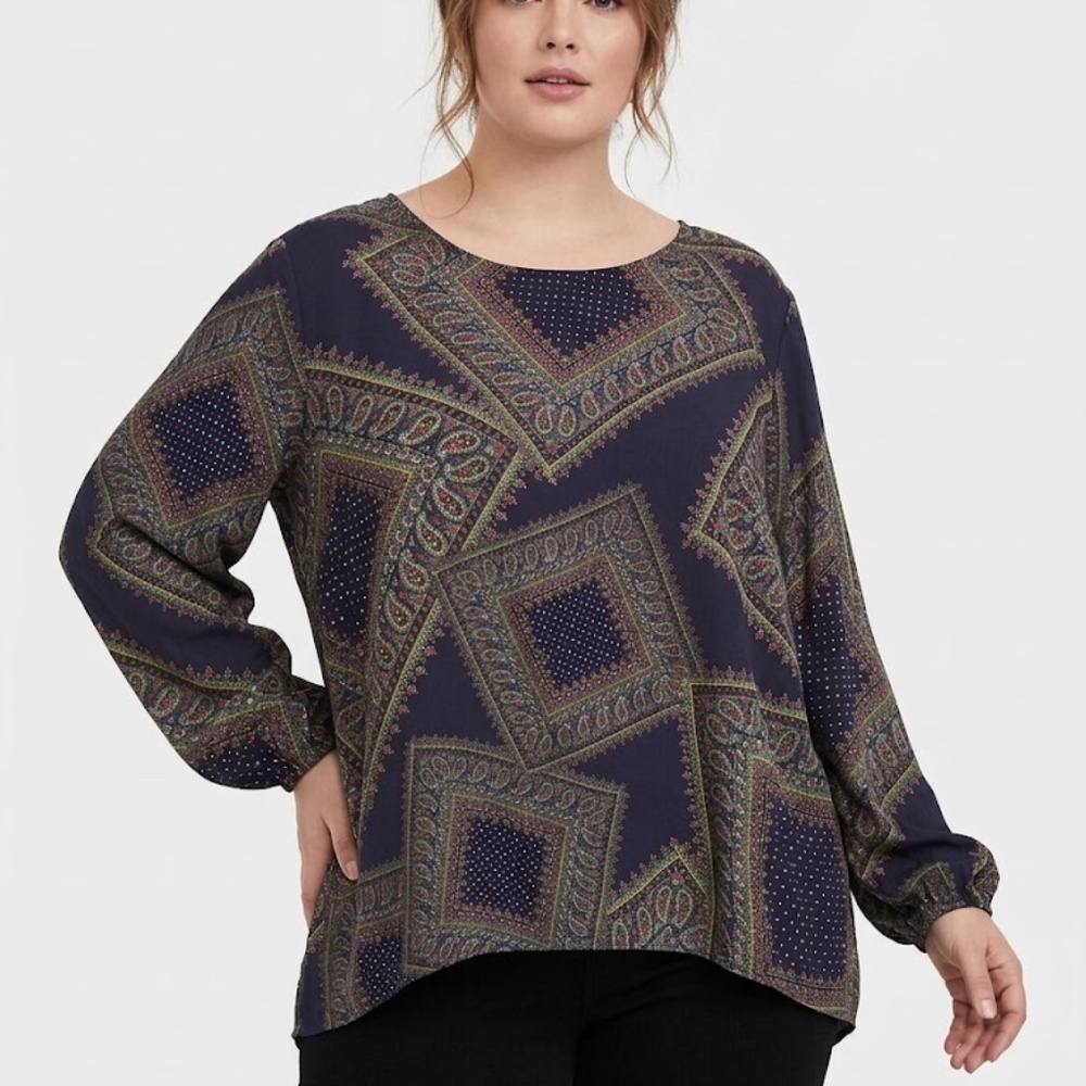 ING+ Women's Blouse 3X Paisley Print Bo-Ho Chic Long Sleeve Elastic Cuffs NWT